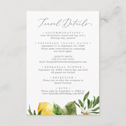 Modern Lemon Garden Wedding Travel Details Enclosure Card