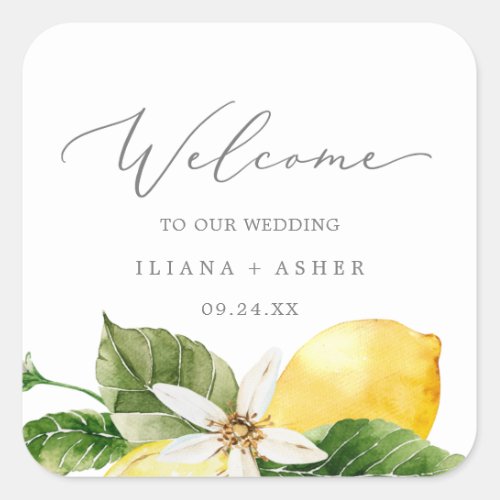 Modern Lemon Garden Wedding Welcome Square Sticker