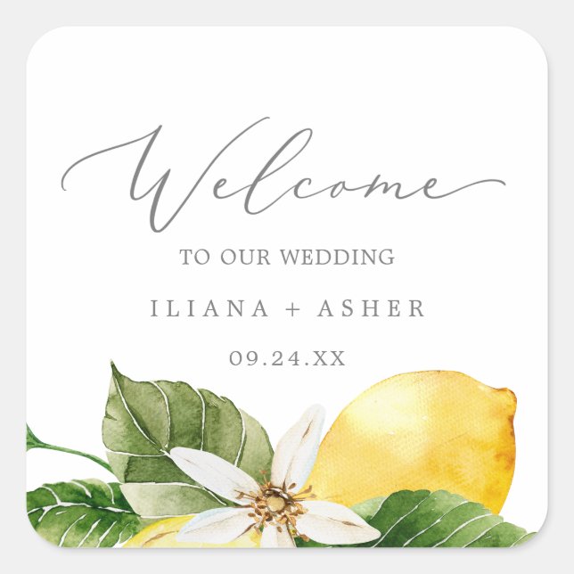 Modern Lemon Garden Wedding Welcome Square Sticker (Front)