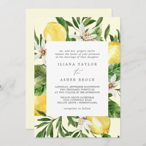 Modern Lemon Garden  Yellow Wedding Invitation