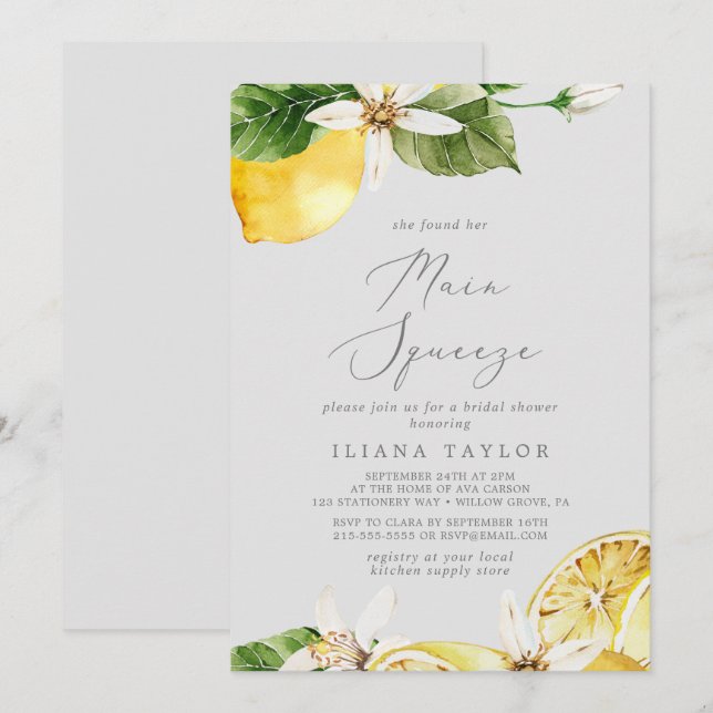 Modern Lemon | Gray Main Squeeze Bridal Shower Invitation (Front/Back)