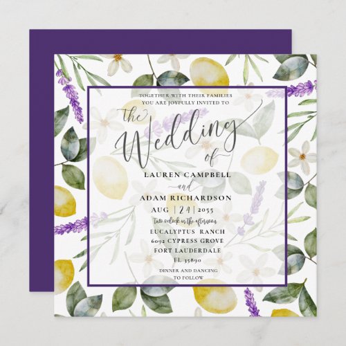 Modern Lemon  Lavender Foliage Wedding Invitation