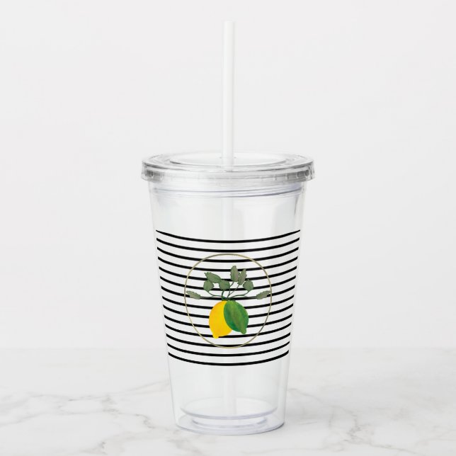 Modern Lemon Lime Limoncillo Stripes Monogram Acrylic Tumbler (Front)