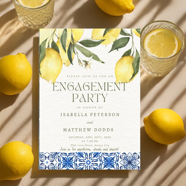 Modern Lemon Mediterranean Engagement Party Invitation (Modern Lemon Mediterranean Engagement Party Invitation)
