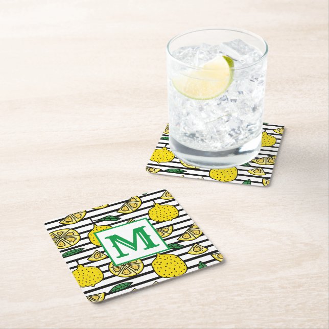 Modern Lemon on Black & White Pattern Monogram Square Paper Coaster (Insitu)