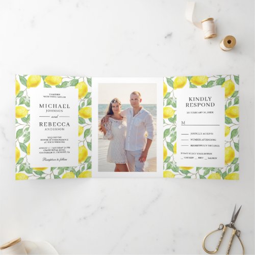 Modern Lemon Orchard Greenery Wedding Photo Tri_Fold Invitation