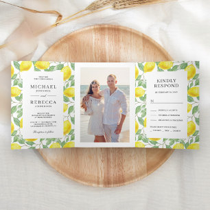 Modern Lemon Orchard Greenery Wedding Photo Tri-Fold Invitation