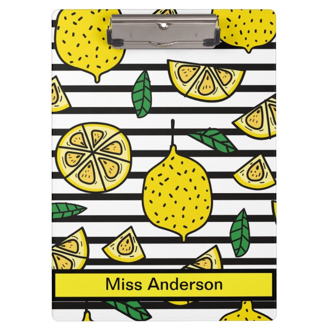 Modern Lemon Patten on Black and White Striped  Clipboard (Front)