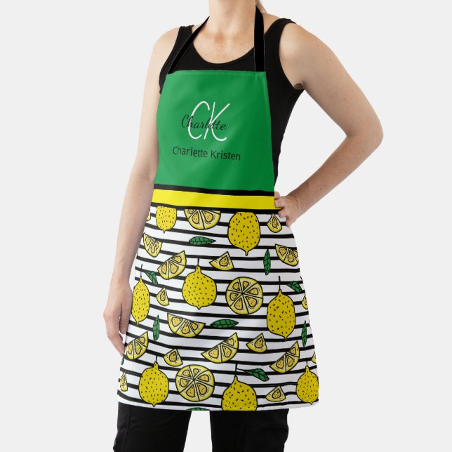 Modern Lemon Pattern Monogram Name  Apron (Insitu)