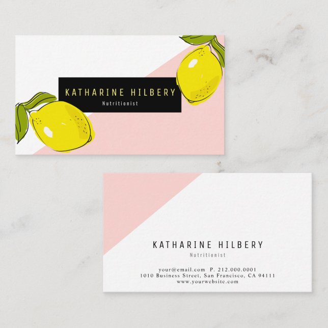 Modern Lemon Pink White Block Business Card (Front/Back)