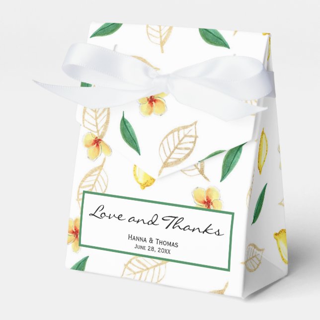 Modern Lemon Script Love and Thanks Wedding Favor Boxes (Front Side)