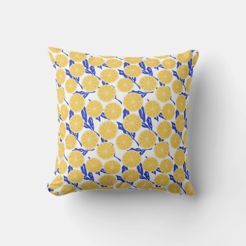 Modern Lemon Slice Pattern on Blue Throw Pillow