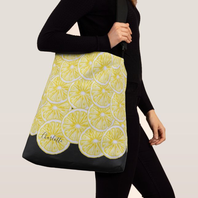 Modern Lemon Slices Watercolor Pattern Crossbody Bag (Close Up)