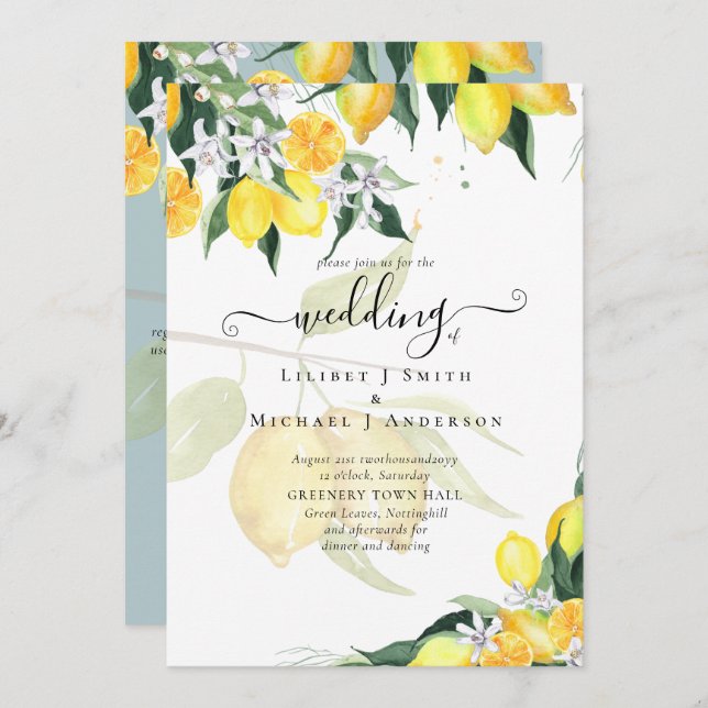 Modern Lemon Tree Wedding Invite Elegant (Front/Back)