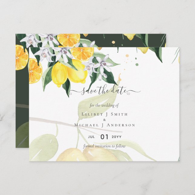Modern Lemon Tree Wedding Save The Date Postcard (Front/Back)
