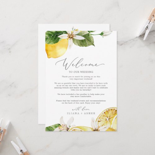 Modern Lemon Wedding Welcome Letter  Itinerary