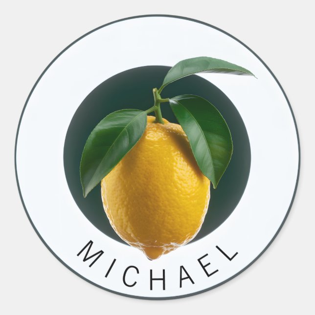 Modern Lemon with Personalized Name Classic Round Sticker (Front)