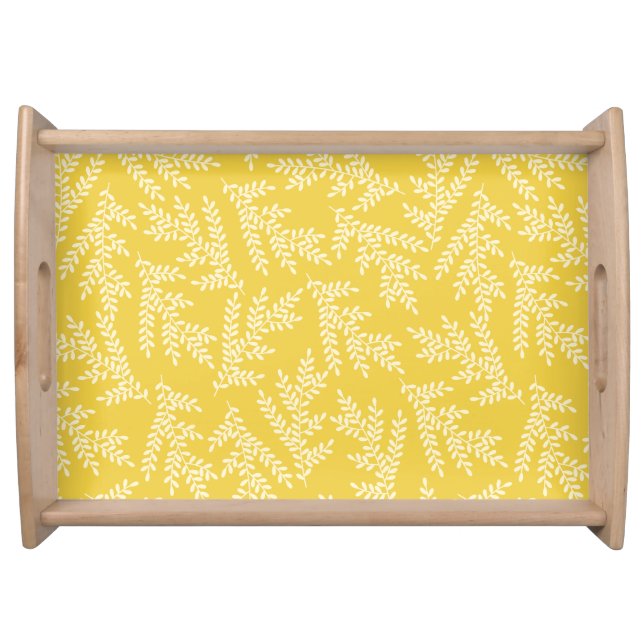 Modern Lemon Yellow Floral Leaves Pattern Serving Tray (Front)