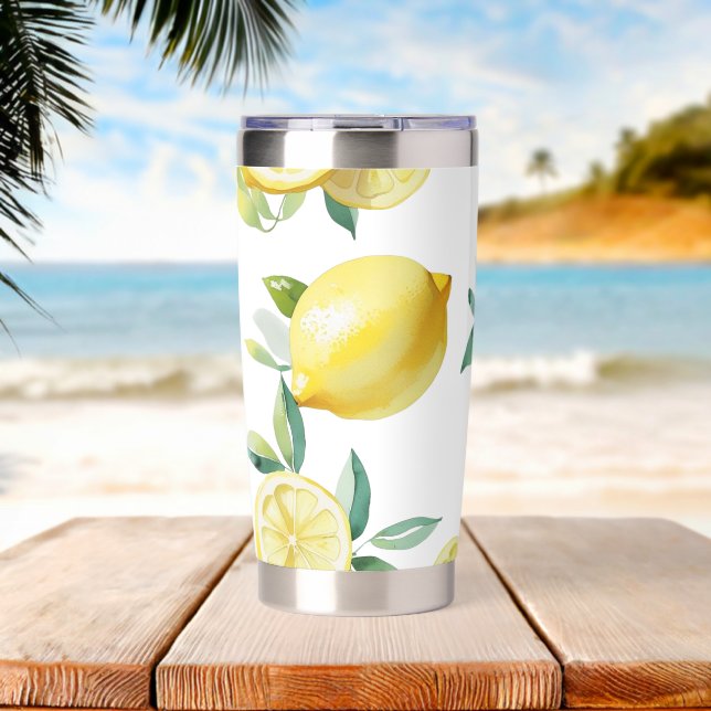 Modern lemon yellow floral script birthday insulated tumbler (Beach (Rotated))