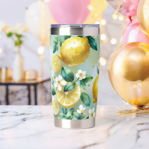 Modern lemon yellow floral script birthday insulated tumbler