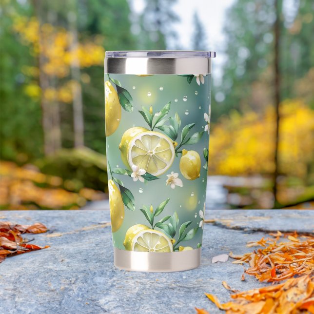 Modern lemon yellow floral script birthday insulated tumbler (Outdoor)