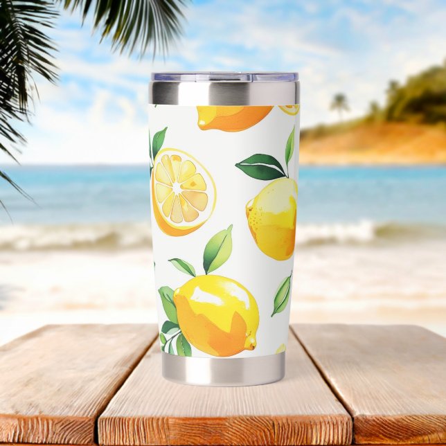 Modern lemon yellow floral script bridal shower insulated tumbler (Beach (Rotated))