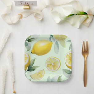 Modern lemon yellow floral script bridal shower paper plates