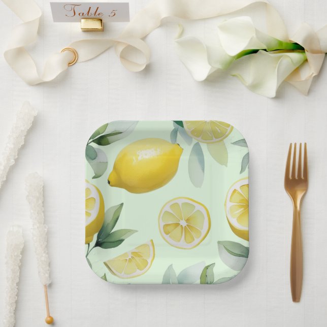 Modern lemon yellow floral script bridal shower paper plates (Wedding)