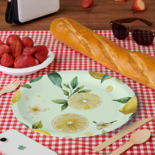 Modern lemon yellow floral script bridal shower paper plates