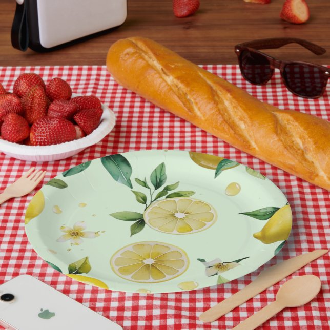 Modern lemon yellow floral script bridal shower paper plates (Picnic)