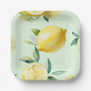 Modern lemon yellow floral script bridal shower paper plates