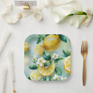 Modern lemon yellow floral script bridal shower paper plates