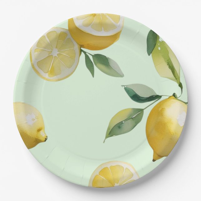 Modern lemon yellow floral script bridal shower paper plates (Front)