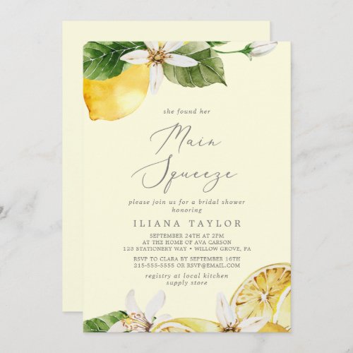 Modern Lemon Yellow Main Squeeze Bridal Shower Invitation