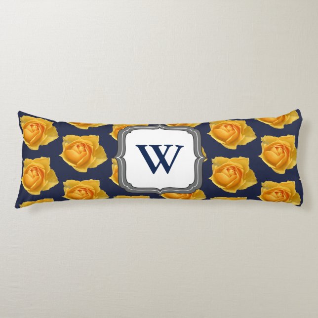 Modern Lemon Yellow Roses & Navy Initial Letter Body Pillow (Front)
