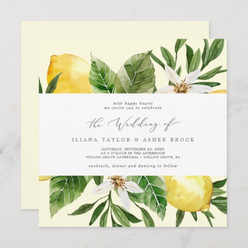 Modern Lemon  Yellow Square Wedding Invitation