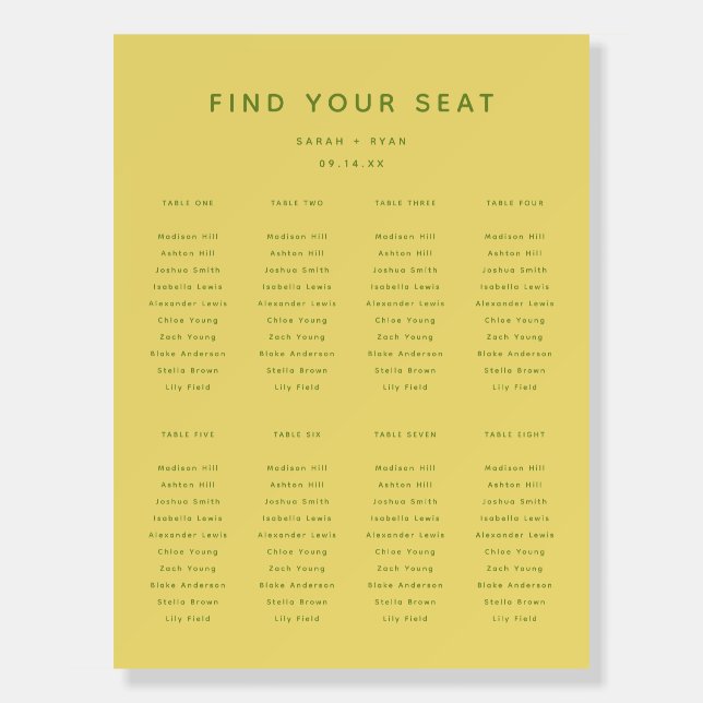 Modern Lemon Yellow Wedding 8-Table Seating Chart Foam Board (Front)