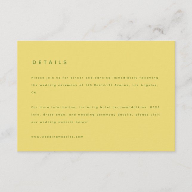Modern Lemon Yellow Wedding Details & Website Enclosure Card (Front)