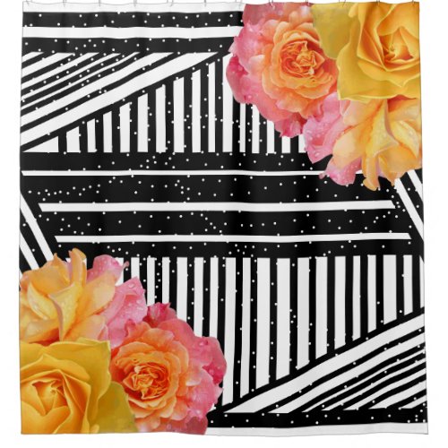 Modern Lemonade Roses Black  White Stripes Shower Curtain