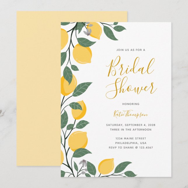 Modern Lemons and Leaves Calligraphy Bridal Shower Invitation (Front/Back)