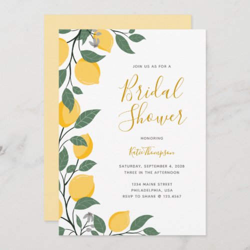 Modern Lemons and Leaves Calligraphy Bridal Shower Invitation