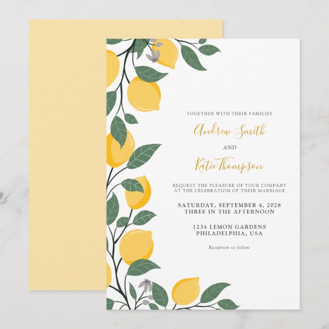 Modern Lemons and Leaves Calligraphy Wedding Invitation (Front/Back)