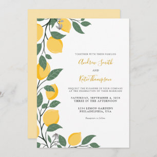 Modern Lemons and Leaves Calligraphy Wedding Invitation