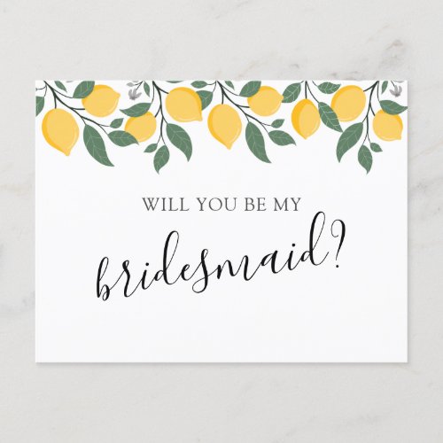 Modern Lemons and Leaves Will You be my Bridesmaid Invitation Postcard
