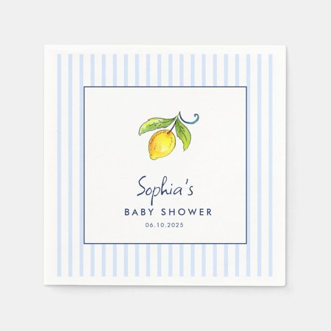 Modern lemons Blue stripes Baby shower Napkins (Front)