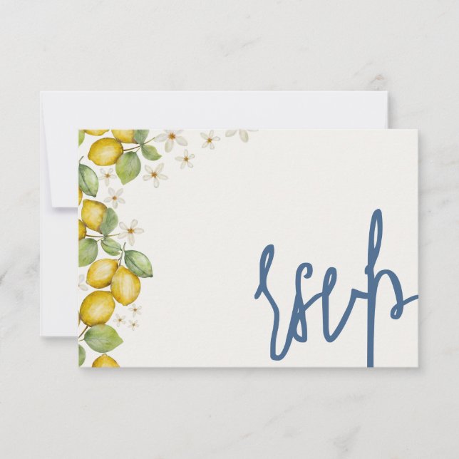 Modern Lemons Blue & Yellow Wedding RSVP Card (Front)