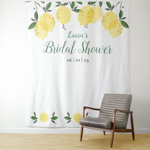 Modern Lemons Bridal Shower Photo Booth Backdrop - Featuring lemons greenery, this stylish botanical bridal shower photo backdrop can be personalised with your special event information. Designed by Thisisnotme©