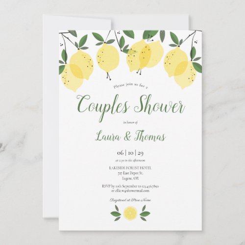 Modern Lemons Couples Wedding Bridal Shower Invitation - Featuring lemons greenery, this chic botanical couples shower invitation can be personalized with your special event information. The reverse has a monogram of the happy couple's initials. Designed by Thisisnotme©