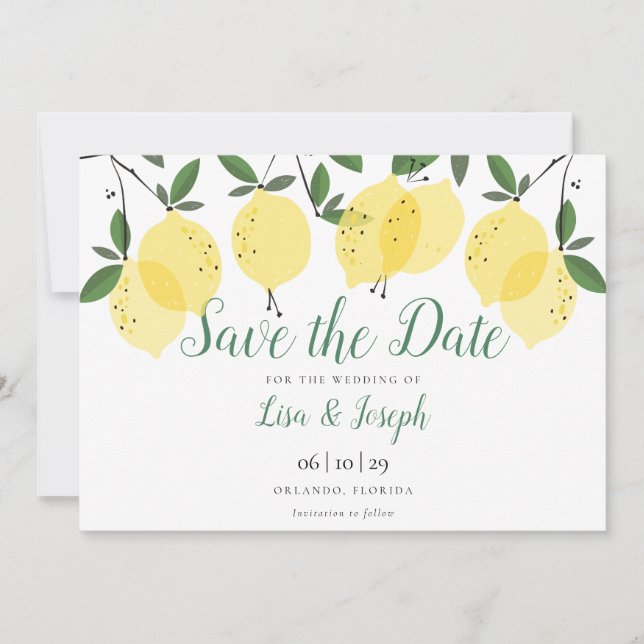 Modern Lemons Elegant Script Save The Date (Front)