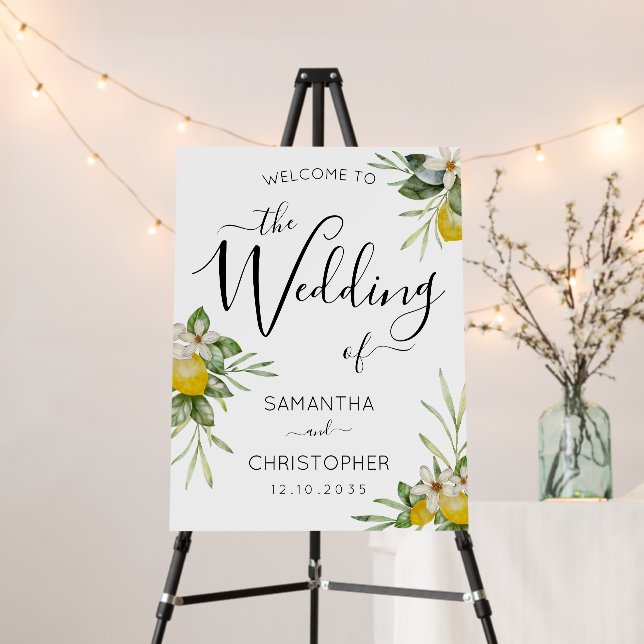 Modern Lemons & Foliage Wedding Welcome Foam Board (In Situ (Stand))
